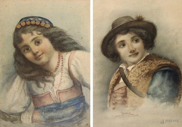 Coppia di ritratti di giovani, acquarello su cartone, cm 54x37, entro cornici.