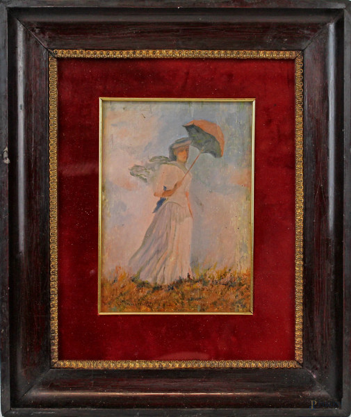 Donna con parasole, olio su tavola, cm 23,5x18, firmato, entro cornice.
