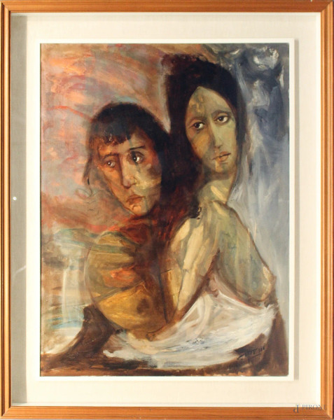 Figure, dipinto ad olio su tela, cm 80 x 60, entro cornice, firmato.