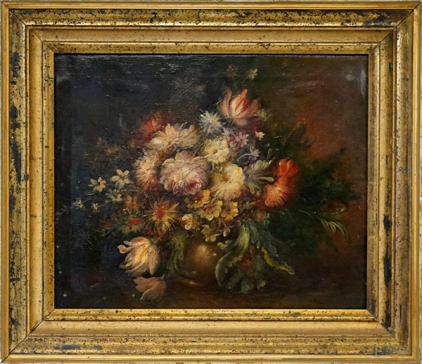 Vaso con fiori, olio su tela, cm 41x50, XX secolo, entro cornice, (difetti)