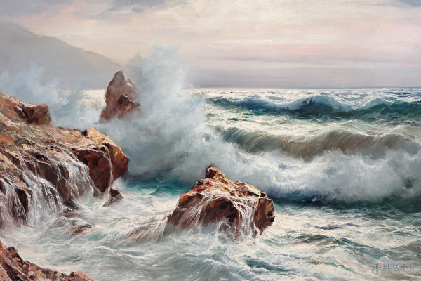 Marina, olio su tela, cm 100x151, firmato, entro cornice