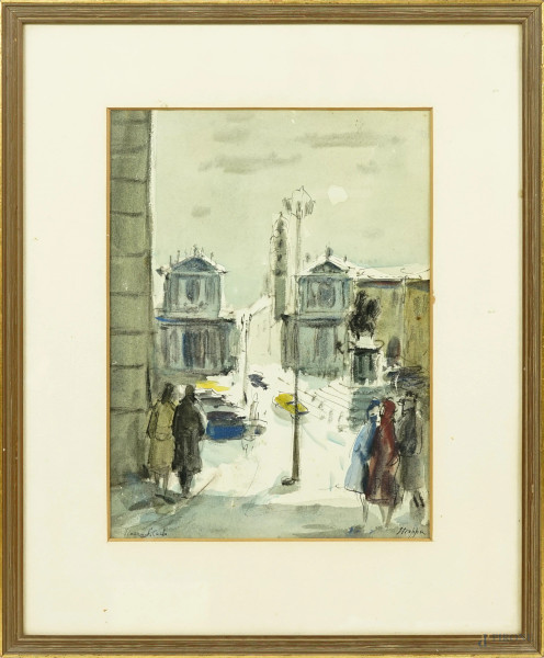 Leonardo  Stroppa - Piazza San Carlo, acquerello su carta, misure comprese passepartout cm 47,5x38, entro cornice