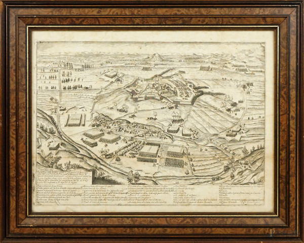 "Vero disegno della fortezza assedio ed espugnatione di Bricherasco [...]", cm 41x56,  Torino, Giacomo de Fornaseri, 1800 circa, entro cornice, (difetti).