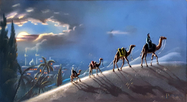 Carovana di cammelli, tecnica mista su carta, cm 65x35