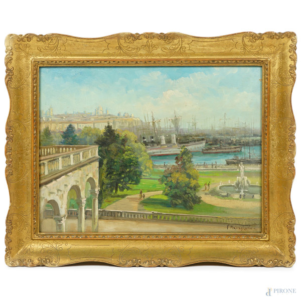 Il porto di Genova da Villa Doria, XIX secolo, olio su compensato, cm 30x40, firmato, entro cornice (difetti)