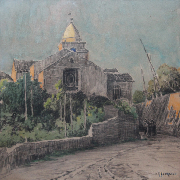 Paesaggio con chiesa, tecnica mista su carta, cm 42x40, entro cornice firmato De Corsi.