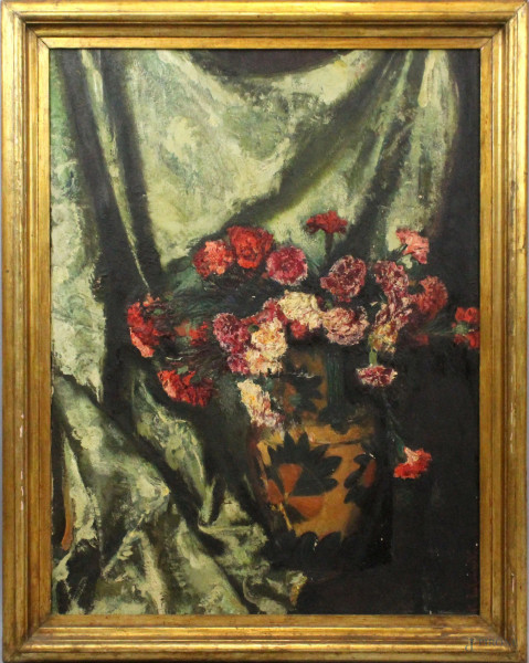 Natura morta-vaso con fiori, olio su tela, cm 86x65,5, firmato, entro cornice, (difetto alla tela)
