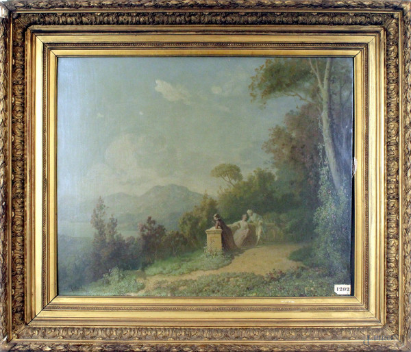 Paesaggio con scena galante, olio su tela, cm 46x55, firmato Galinski, entro cornice