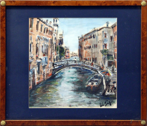 Venezia, dipinto a tecnica mista su carta, firmato e datato 1932, cm 34 x 34, entro cornice.