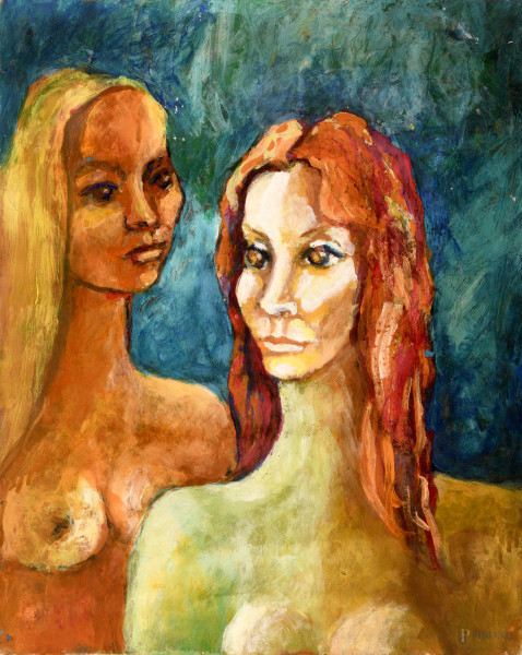 Nudi femminili, acrilico su tela, cm 50x40, XX secolo