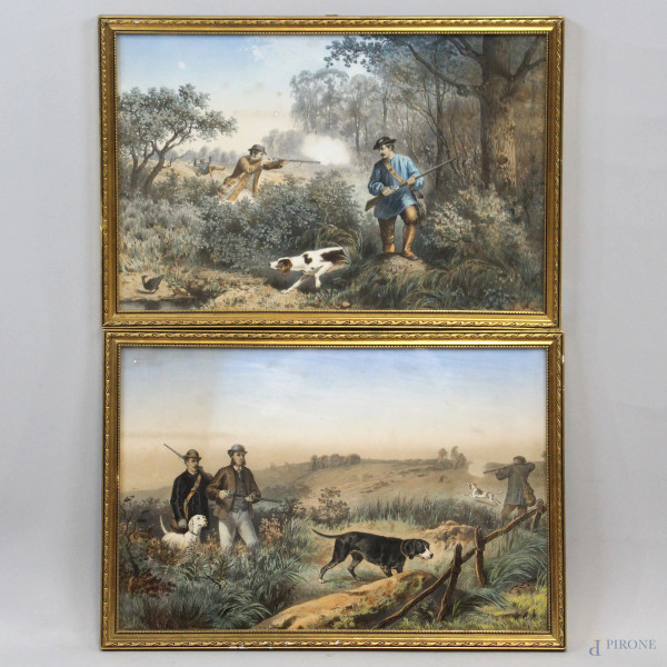 Due stampe a colori raffiguranti cacciatori con cani, cm 30,5x46, XIX secolo, entro cornici.
