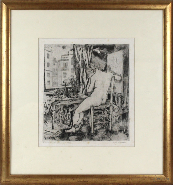 Gino Croari - La modella nello studio, incisione, esemplare 1/10, cm 37x33, entro cornice
