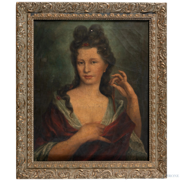 Ritratto di donna, XX secolo, olio su tela, cm 55x46, entro cornice, (craquelure, sollevamenti e cadute di colore, difetti)