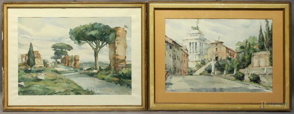 Pitti Bianconi, Lotto composto da due acquarelli su carta raffiguranti l&#39;Altare della Patria e Via Appia, met&#224; XX sec., cm 33 x 48, entro cornici.