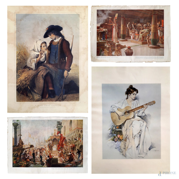 Lotto composto da quattro stampe fotolitografiche vintage raffiguranti soggetti diversi, dimensioni cm 48x65 e 35x50