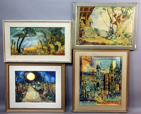 Lotto composto da quattro paesaggi dipinti ad olio, misure massime 50x60, entro cornici.