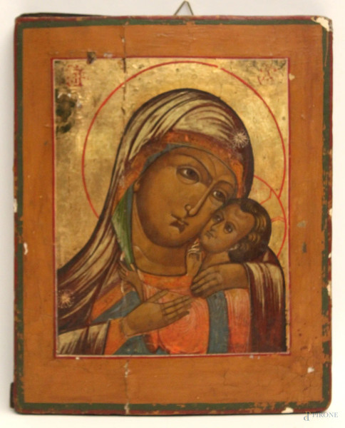 Madonna con bambino, icona a tempera su tavola cm 28,5x23,5, Russia XIX sec.