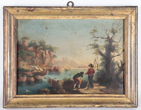 Paesaggio marino con pescatori e barche, XIX secolo, olio su tela, cm 22x30, entro cornice, (segni di usura, cadute di colore, tracce di umidità, difetti)