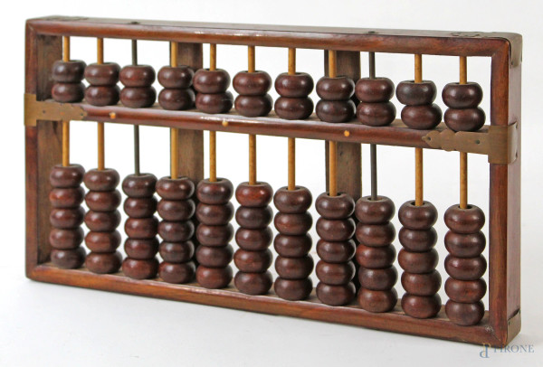Abaco decimale in legno, finiture in rame, cm 17,5x32x3, XX secolo, (segni del tempo)