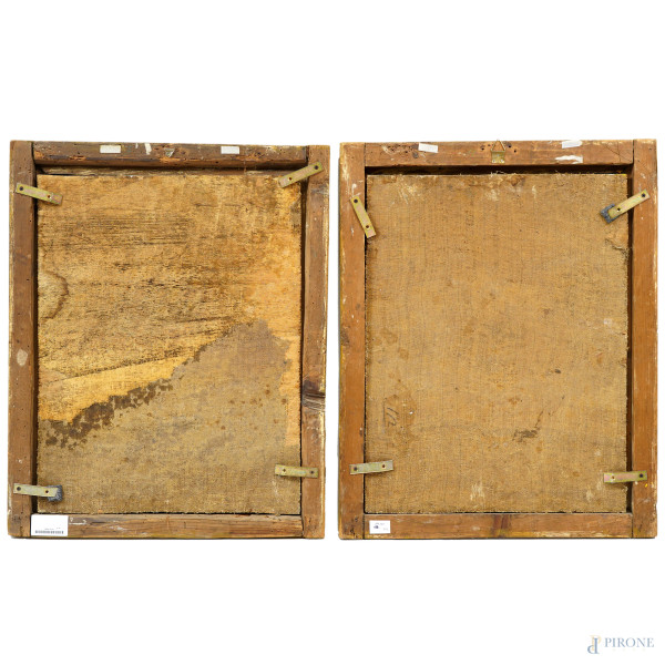 Coppia di dipinti raffiguranti due scene galanti, olio su tavola, cm 52,5x41 circa, entro cornice