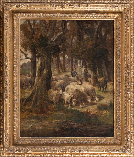 Gregge nel bosco, XIX-XX secolo, olio su tela, cm 76x60, firmato in basso a destra, entro cornice