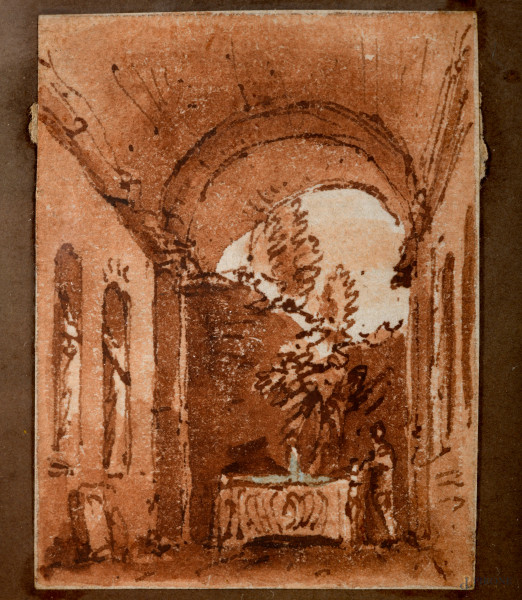 Interno di chiostro, tecnica mista su carta, cm 7x5 entro cornice, XIX secolo