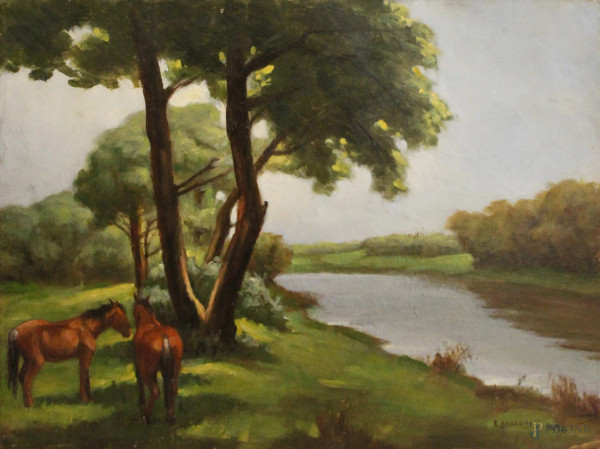 Paesaggio fluviale con cavalli, olio su tavola firmato, cm 34 x 46.