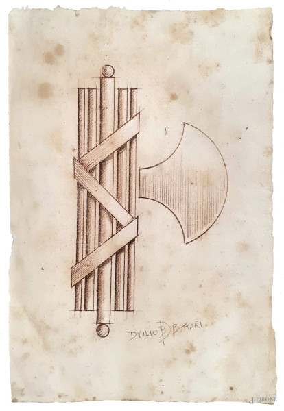 Arte del Ventennio, Studio per Fascio Littorio, XX sec., matite color seppia con lumeggiature bianche su carta, cm 23x16, firmato “Duilio Bottari” in basso a destra
