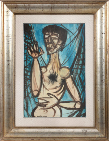 Giuseppe Migneco, Pescatore, tecnica mista su tela, XX secolo, cm 60x40, entro cornice, firmato  in basso a sinistra e al retro "Migneco", (difetti)