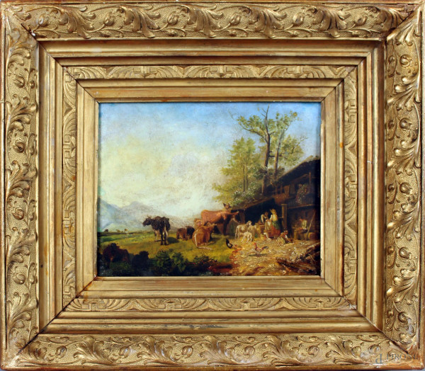 Paesaggio con armenti, olio su tavola, cm. 20x25, siglato , entro cornice.