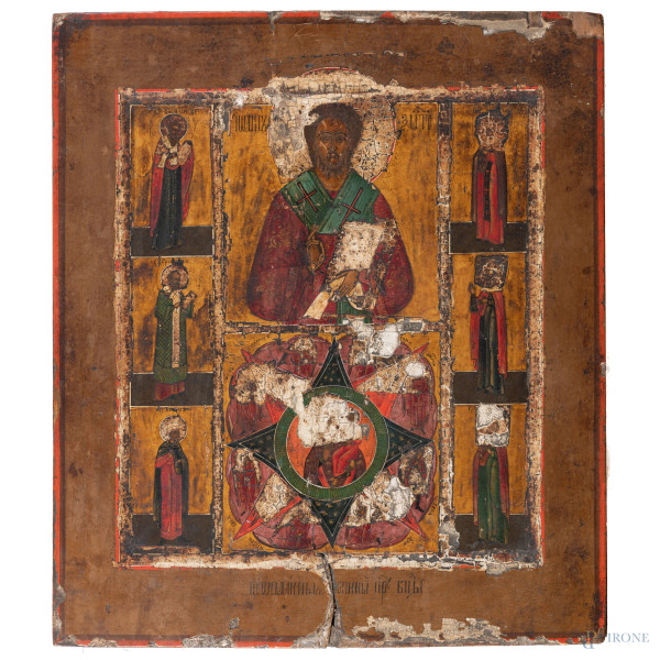 Icona raffigurante Cristo con santi, XIX secolo, cm 35,5x30,5, (segni di usura, rotture, restauri, difetti, cadute di colore, mancanze)
