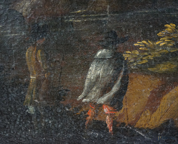 Scuola italiana del XVII secolo, Paesaggio lacustre con viandanti, olio su tela, cm 63,5x94,3, en...
