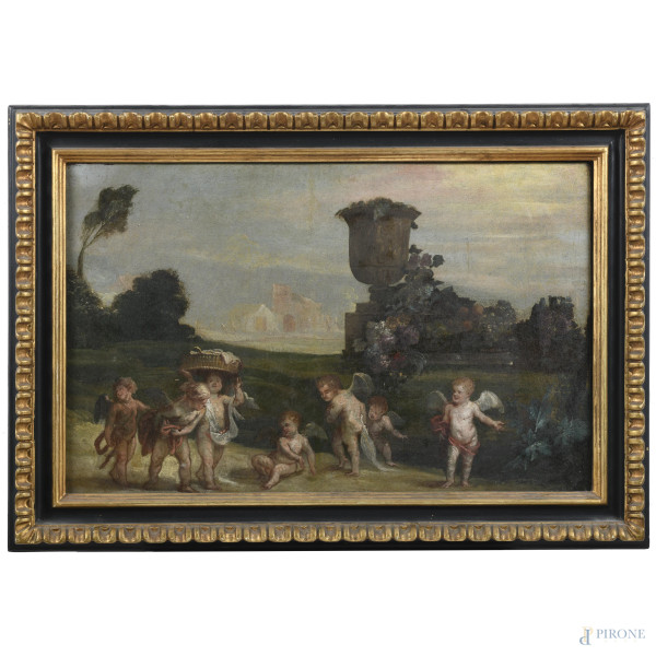 Putti in un giardino, XIX secolo, olio su tela, cm 49x77, entro cornice, (segni di usura, lieve craquelure)