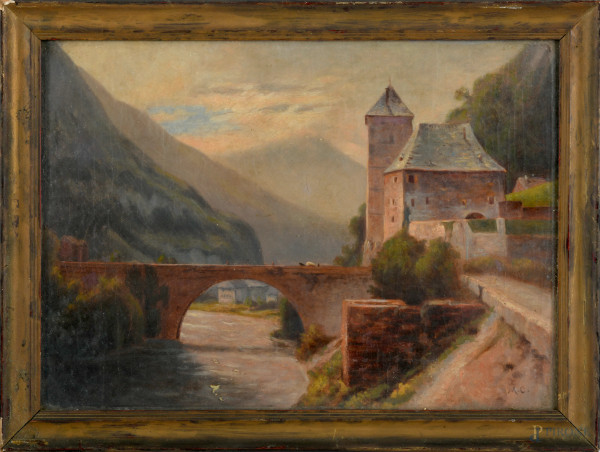 Ponte sul fiume, XX secolo, olio su tela applicata su compensato, cm 31,5x 43,5, siglato in basso a destra, entro cornice, ondulazioni della tela e craquelure