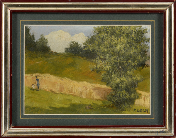 Paesaggio con figure, olio su tavoletta, cm 14x20 entro cornice, XX secolo, firmato in basso a destra, (difetti)