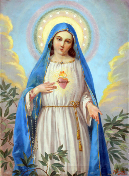 Madonna del Sacrocuore, olio su tela, cm. 92x67, firmato e bolli 1943.
