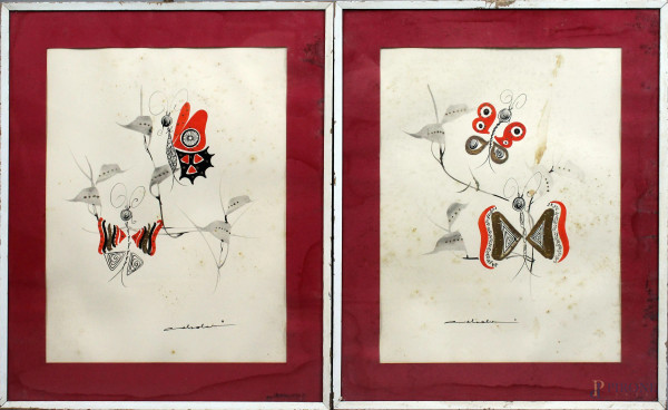 Coppia di tecniche miste su carta raffiguranti farfalle, cm. 40x30, firmate, entro cornice.