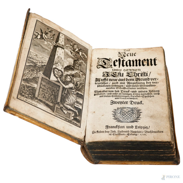 Das Neue Testament, Francoforte e Lipsia, 1706, (segni di usura, tracce di umidità, strappi, lacune, difetti)