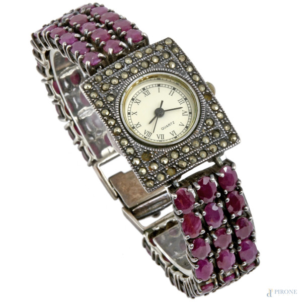 Orologio Quarz in argento e radici di rubino, misure cassa cm 2,3x2,9, lunghezza cm 19, peso gr 56,5