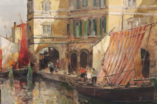 Giordano Felice - Scorcio di Chioggia, dipinto ad olio su tela, cm 60 x 120, entro cornice.