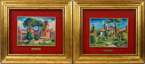 Joseph Franz Strachota - Coppia di paesaggi, olio su tela, cm 15x20, entro cornici