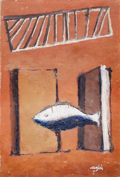Seguace di Carlo Carrà (XX sec.), Composizione metafisica con pesce e libri, 1959, olio su tela, cm 35x24, firmato, firma e data a tergo