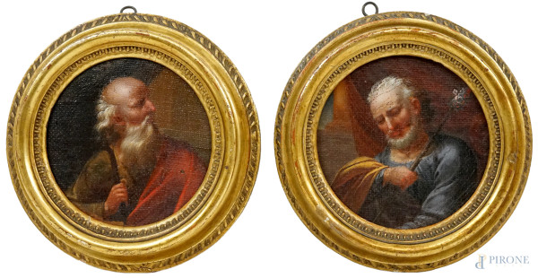 Pittore del XVIII secolo, San Giovanni e San Giuseppe, coppia di dipinti ad olio su tela riportata su cartone ad assetto tondo, diam.cm 14, entro cornici.