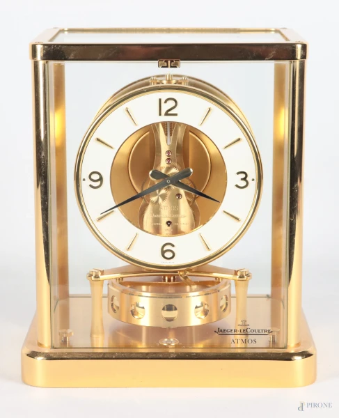 Orologi Atmos Jaeger Le Coultre, calibro 540 con tese in vetro e struttura e base in ottone, XX secolo, cm 24x16x20, (da revisionare)