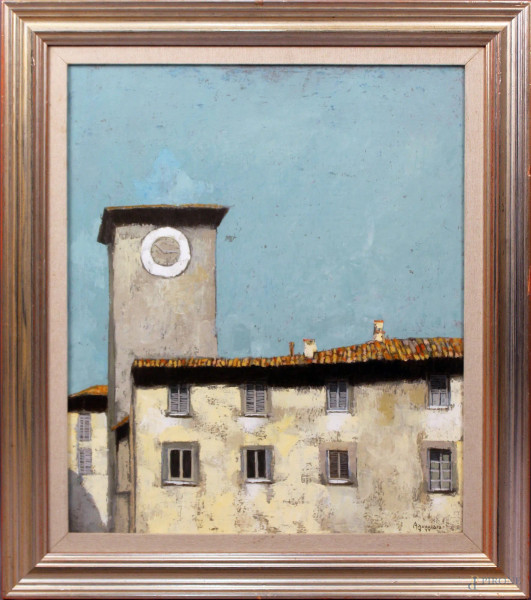 Franco Aguggiaro - Paesaggio, olio su tavola, cm. 60x50, entro cornice.