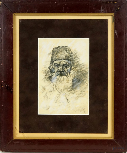 Ritratto di personaggio russo, tecnica mista su carta, cm 19,5x13, firmato A.Issupoff, entro cornice.