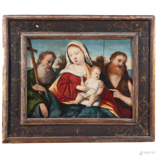 Scuola veneta del XVI secolo, Sacra Conversazione, olio su talvola, cm 36x46,5, entro cornice, (craquelure, sollevamenti di colore, restauri)