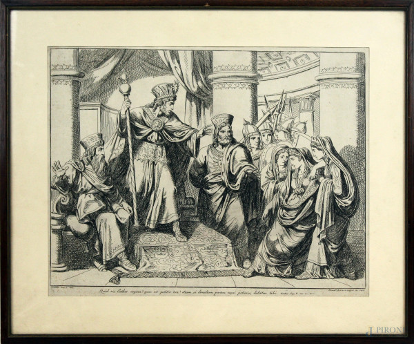Esther al cospetto del re Assuero, incisione, cm 26,5x35, inventore ed incisore Bartolomeo Pinelli (1781-1835), entro cornice, (macchie).