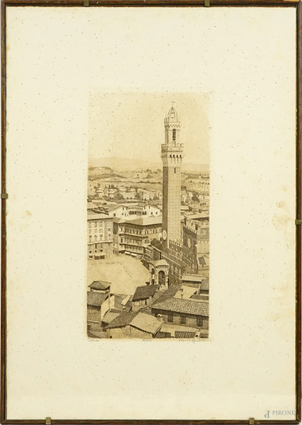Mario Agostini - Piazza del Campo a Siena, litografia su carta, cm 50,5x35, es.70/150, entro cornice, (difetti).