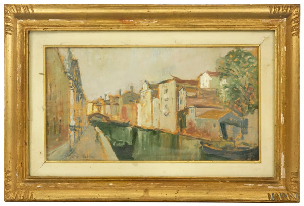 Veduta di Venezia, olio su tavoletta, cm 19,5x35,5, firmato Silvio Polloni, entro cornice